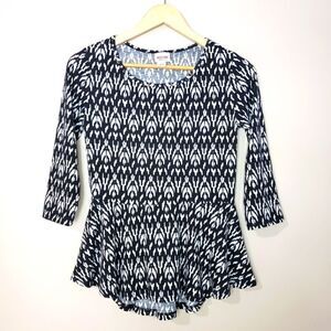 🦋3/$25 Mossimo Supply Co Small Black White 3/4 Sleeve Tribal Pattern Peplum Top